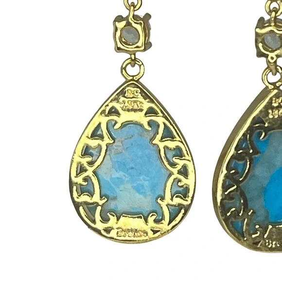 Beria Collection 18k Gold Over Bronze Turquoise Stone Dangling Crystal Earrings - Picture 5 of 6
